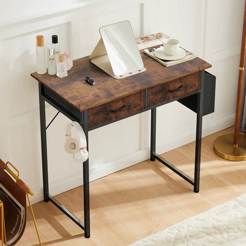 32 Inch Home Office Desk With Drawers And Storage For Gaming, Study Or Writing, Includes Fabric Drawers, Side Storage Bag, Headphone Hook, And Adjustable Feet In Rustic Brown with mirror and cup on top
