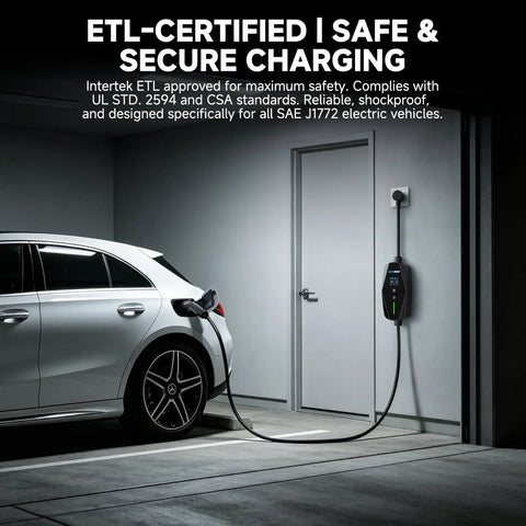 Car charging in garage with 16 Amp Level 1 And Level 2 EV Charger With 110-240V Input, NEMA 6-20 Plug, SAE J1772 Ready