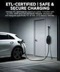 Smart Wifi EV Charger With App Control, Adjustable 8 To 16 Amperes, Quick Timer, Dual Voltage Ready, 25 Feet J1772 Cord charging a car.