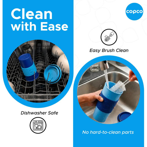 Next Level Insulated 16 Oz Travel Mugs Set Of 2 With Spill Resistant Lids shown being cleaned in dishwasher and by hand brush.