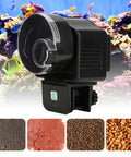 Slick Install Automatic Fish Feeder For Aquarium Battery Operated With Adjustable Portion Control And Vacation Timer, shows feeder with flakes and pellets.
