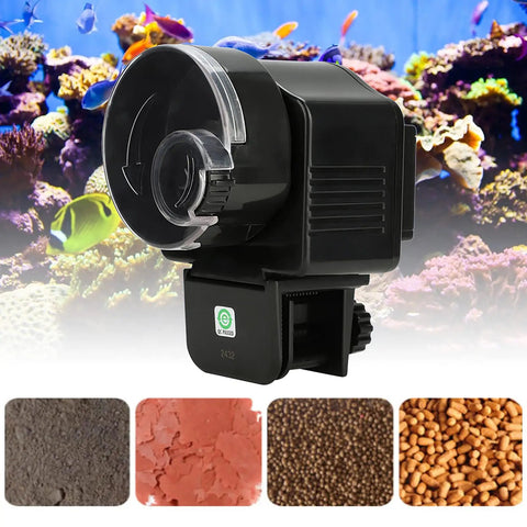 Slick Install Automatic Fish Feeder For Aquarium Battery Operated With Adjustable Portion Control And Vacation Timer, shows feeder with flakes and pellets.