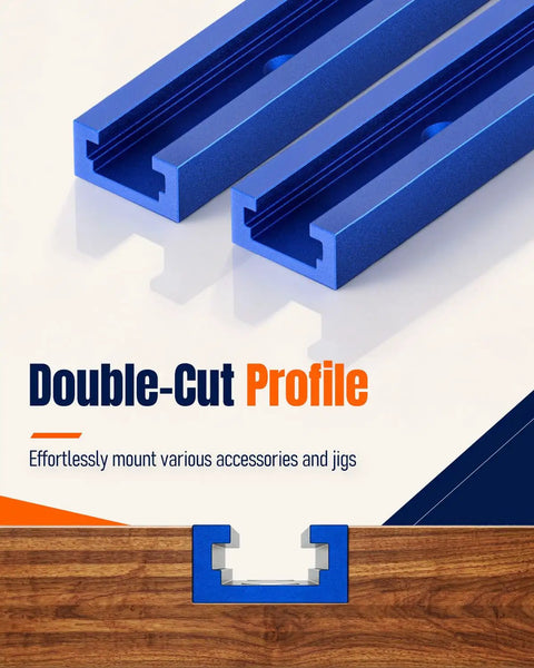 Two Pack 12 Inch Aluminum Pro Grade T Track for Woodworking Jigs and Fixtures with Double Cut Profile on white surface
