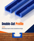 Two Pack 24 Inch Aluminum T Track for Woodworking Jigs and Fixtures, blue double cut profile, wooden background