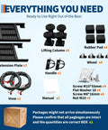 Beefy 7000 Lbs Portable Car Lift kit contents including extension plates, lifting columns, rubber pads, wheels, and screws