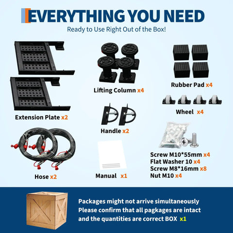 Beefy 7000 Lbs Portable Car Lift kit contents including extension plates, lifting columns, rubber pads, wheels, and screws