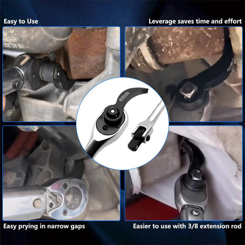 Image showing operations with the Three Piece Pro Grade Pry Bar Wrench Adapter Head Set for Car Repair, featuring chrome vanadium steel.