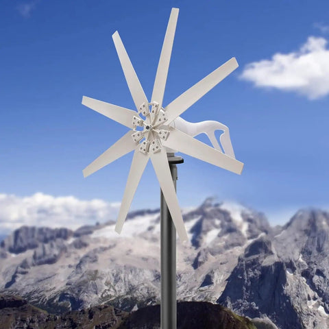 Powerful 400W Wind Turbine Kit With 10 Durable Nylon Blades, rain proof and high efficiency, installed in a mountainous setting.