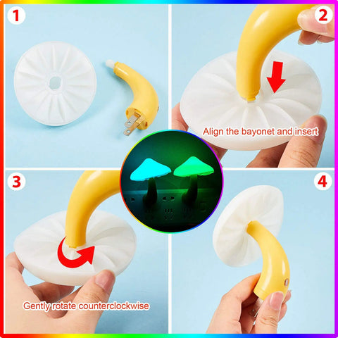 Six Pack Mushroom Night Light LED Plug In Lamp assembly instructions with glowing effect, showing base attachment and rotation steps.