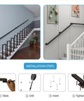 Installation steps for Heavy Duty Black Wrought Iron Wall Mount Stair Railing Adjusts 5 To 14 Feet for decks and porches.