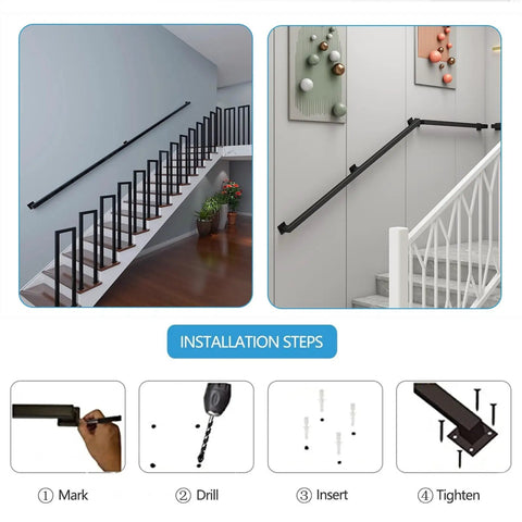 Installation steps for Heavy Duty Black Wrought Iron Wall Mount Stair Railing Adjusts 5 To 14 Feet for decks and porches.