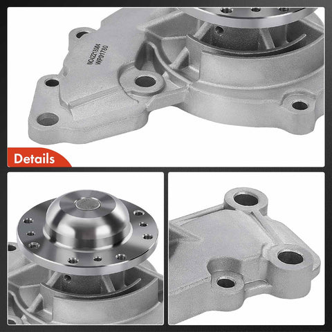 Engine Water Pump Replacement 3.8L GM V6 Vehicles Including Camaro Impala Lumina Monte Carlo Firebird Buick LaCrosse LeSabre Riviera Lucerne Park Avenue Regal Allure Your Go To Replacement with aluminum housing and steel impeller close-up view.