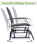Side view of Cozy Two Person Outdoor Glider Bench with black powder-coated frame and smooth gliding system demonstration.