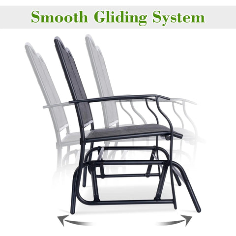 Side view of Cozy Two Person Outdoor Glider Bench with black powder-coated frame and smooth gliding system demonstration.