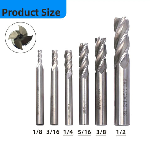 Pro Grade HSS Square Nose End Mill Set With 4 Flute Straight Cutters, 6 Imperial Sizes from 1/8 to 1/2 inch for mill drill