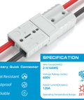 Built Tough 120 Amp Battery Quick Disconnect Connector Kit For 2 To 6 Gauge Cables 600V with specifications shown