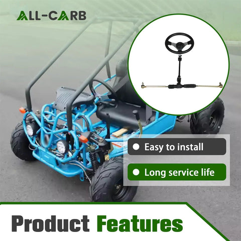 Drop In Ready 300MM Go Kart Steering Wheel Assembly Kit With 320MM Gear Rack Pinion And Adjustable Tie Rod Shaft For 110CC Dirt Track Racer Heavy Duty Steel Parts Set on a blue go-kart.