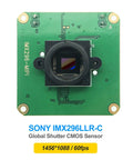 Front view of Global Shutter Raspberry Pi Camera Module With IMX296 Mono Sensor, showing circuit board and lens setup.