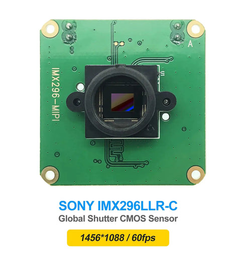 Front view of Global Shutter Raspberry Pi Camera Module With IMX296 Mono Sensor, showing circuit board and lens setup.
