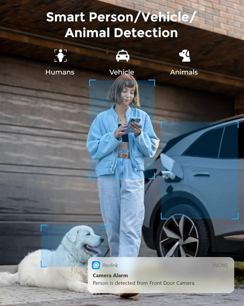 Woman using phone with smart alerts near car and dog, showcasing Outdoor WiFi Security Camera 5MP HD Plug In Night Vision Motion Detection Smart Alerts Dual Band Wireless 2 4 GHz and 5 GHz IP67 Waterproof Wired Power Supply for Home Surveillance.