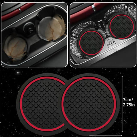 Upgrade Your Ride With This Six Piece Car Accessory Kit Packing A Slick Microfiber Steering Wheel Cover Comfy Seat Belt Pads A Soft Armrest Pad And Two Sharp Red Cup Coasters That Seriously Slap On Any Dash, featuring two black rubber cup coasters with red trim.