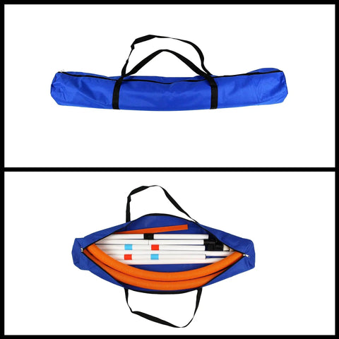 Blue carrying case with Adjustable Dog Agility Hoop Jump Set With 22 Inch Circle Hoop And Height Adjustable Frame For Backyard Training Easy Setup Durable Obstacle Course For Exercise Fun And Safe Family Pet Play inside.