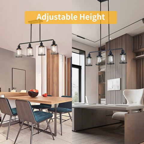 4 Light Cage Pendant Kitchen Island Light, adjustable in modern dining room with wooden decor and industrial style.