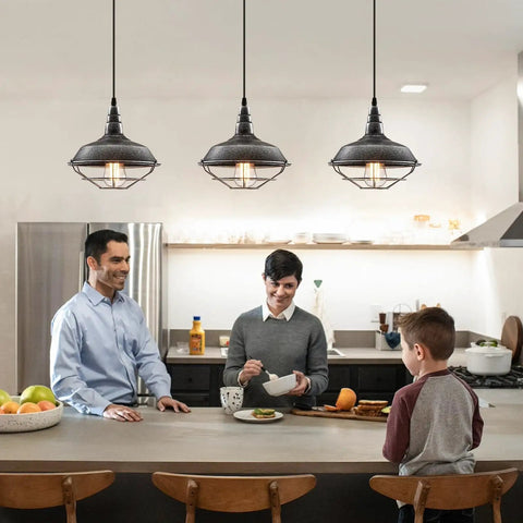 Installed Three Pack Matte Black And Silver Pendant Lights 10.5 Inch Dope Industrial Vintage Farmhouse Ceiling Lamps in kitchen