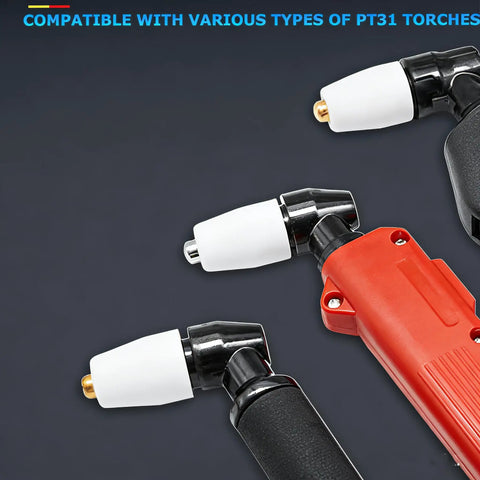 66 Piece Plasma Cutter Consumables Kit For PT 31 JG 40 LG 40 Torches shown with torch nozzles and shield cups