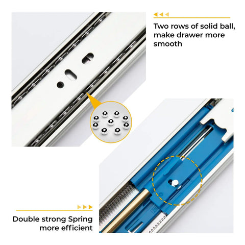 Close-up of Top Shelf 10 Pair 16 Inch Heavy Duty Soft Close Drawer Slides featuring balls and springs for smooth drawer operation.