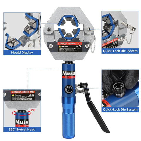 8 Ton Hydraulic Hose Crimping Kit with Quick Lock Dies showing 360° swivel head and magnetic die sets for 3/8-7/8 inch hoses.