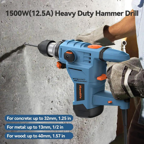 Beast Mode Heavy Duty Rotary Hammer Drill 12.5 Amp With One And A Quarter Inch SDS Plus drilling into concrete wall.
