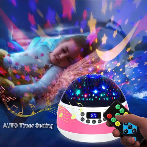 Kids Night Light Projector With Timer And Music, Starry Sky Projector For Bedroom showing a starry sky display and remote control