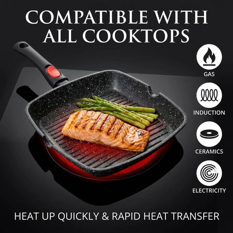 Square Indoor Grill Pan With Removable Handle For Even Heating Meat And Veggies, 11 Inch Nonstick Griddle Skillet in use
