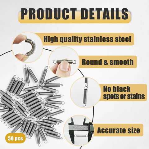 Front view: 50 pcs stainless steel extension springs with hook ends, 1/4 in by 1-1/2 in, Amazon BISS