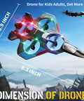 Foam Remote Control Airplane And Jet Helicopter Drone For Kids And Adults LED Lights in flight, showing dimensions.