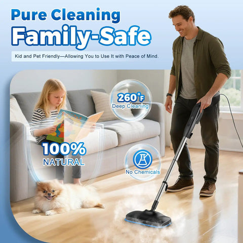 No Fuss Heavy Duty Steam Mop With Seventeen Attachments And Adjustable Two Sixty Degree Flow that cleans hardwood and tile effortlessly.