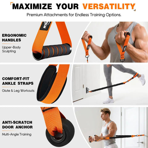 Heavy Duty Stackable Resistance Bands With Wall Anchor And Door Mount For Home Gym Upgrade, ergonomic handles and ankle straps shown.