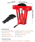 VEVOR 12 Ton Hydraulic Pipe Bender Manual Copper Tube Bending Machine with six dies showing adjustable height and dimensions.