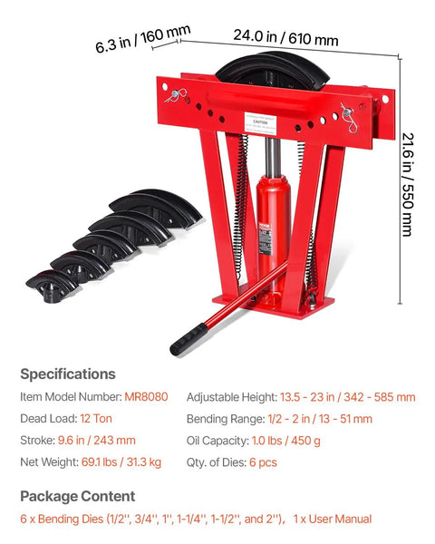 VEVOR 12 Ton Hydraulic Pipe Bender Manual Copper Tube Bending Machine with six dies showing adjustable height and dimensions.
