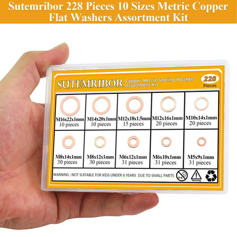 Copper Washers Kit 228-Piece Set Must-Have 10 Sizes M5 M6 M8 M10 in transparent box display