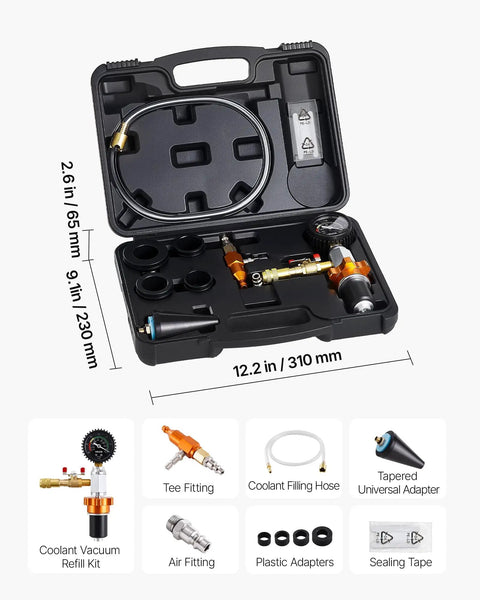 Universal Radiator Vacuum Refill Kit With Precision Gauge And Steel Tool Chest containing hose, adapters, and gauge in a case.