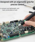 Person using Cordless Soldering Pen With USB Rechargeable 650mAh Battery, Universal Threaded Tips, Three Voltage Levels on circuit board