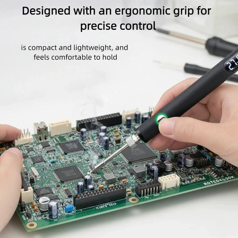 Person using Cordless Soldering Pen With USB Rechargeable 650mAh Battery, Universal Threaded Tips, Three Voltage Levels on circuit board