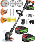 Cordless 21V Weed Eater With Dual 4Ah Batteries And Charger, Lightweight Brush Cutter, 3 Blade Types, Gloves, Glasses, Tools