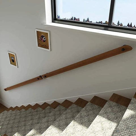 Top Tier Solid Wood Stair Handrail, Non Slip Indoor Hallway Safety Railing With Heavy Duty Iron Brackets And Full Mounting Kit, No Sweat Wall Grip Support Bar For Home Loft Or Senior Living 17 Ft Long, mounted on wall with view of stairs.