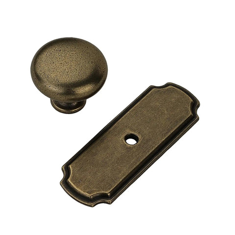 10 Pack 1 1/4 Inch Cabinet Knobs With Matching Backplates Antique Brass Vintage Drawer Pulls with round knob and backplate.