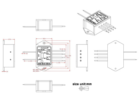 Technical drawing of Plug And Play DPST Relay Module With One Normally Open And One Normally Closed Contact 8 Amp 250VAC Or 30VDC 24V Control Voltage Low 17mA Input LED On Indicator Compact Plastic Case Easy Wiring For DIY Projects