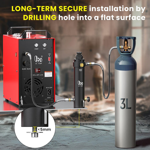 Heavy Duty High Pressure PCP Air Filter With Pressure Maintaining Function And 5800 PSI Oil And Water Separator for Paintball Guns, shown with drill attachment and 3L tank.