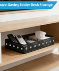 Mesh Desk Paper Tray Organizer For Office And Home with Divider Free Design, holding remotes and glasses on a shelf